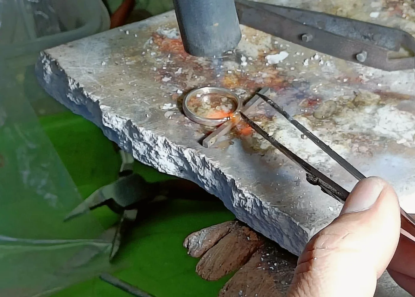 Metalwork heated at the jewellery bench